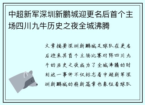 中超新军深圳新鹏城迎更名后首个主场四川九牛历史之夜全城沸腾